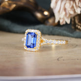 1 Carat Emerald Cut 4-Prong Sapphire Classic Halo Engagement Ring